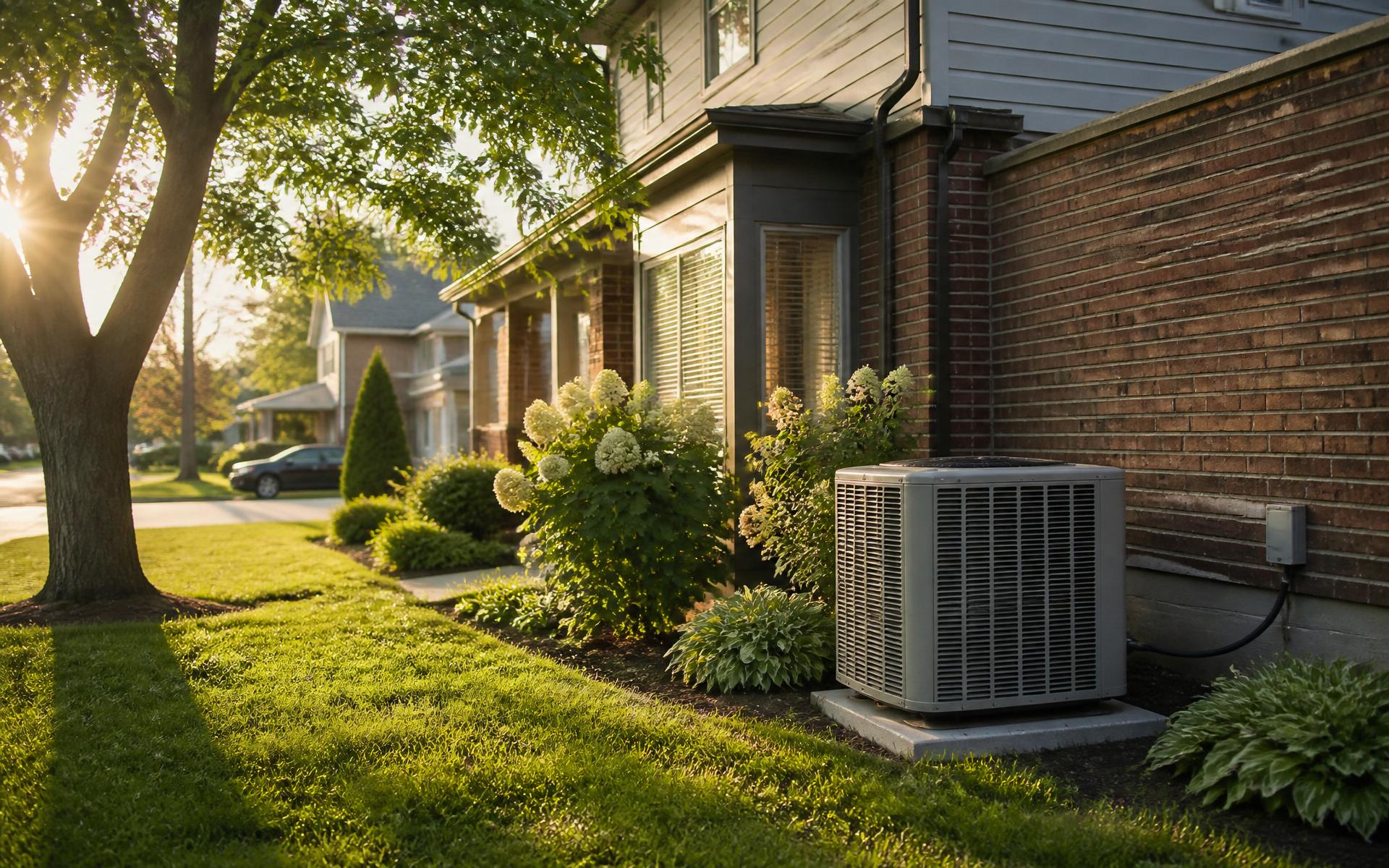 A well-kept outdoor air conditioner beside a Toronto family home in warm summer light