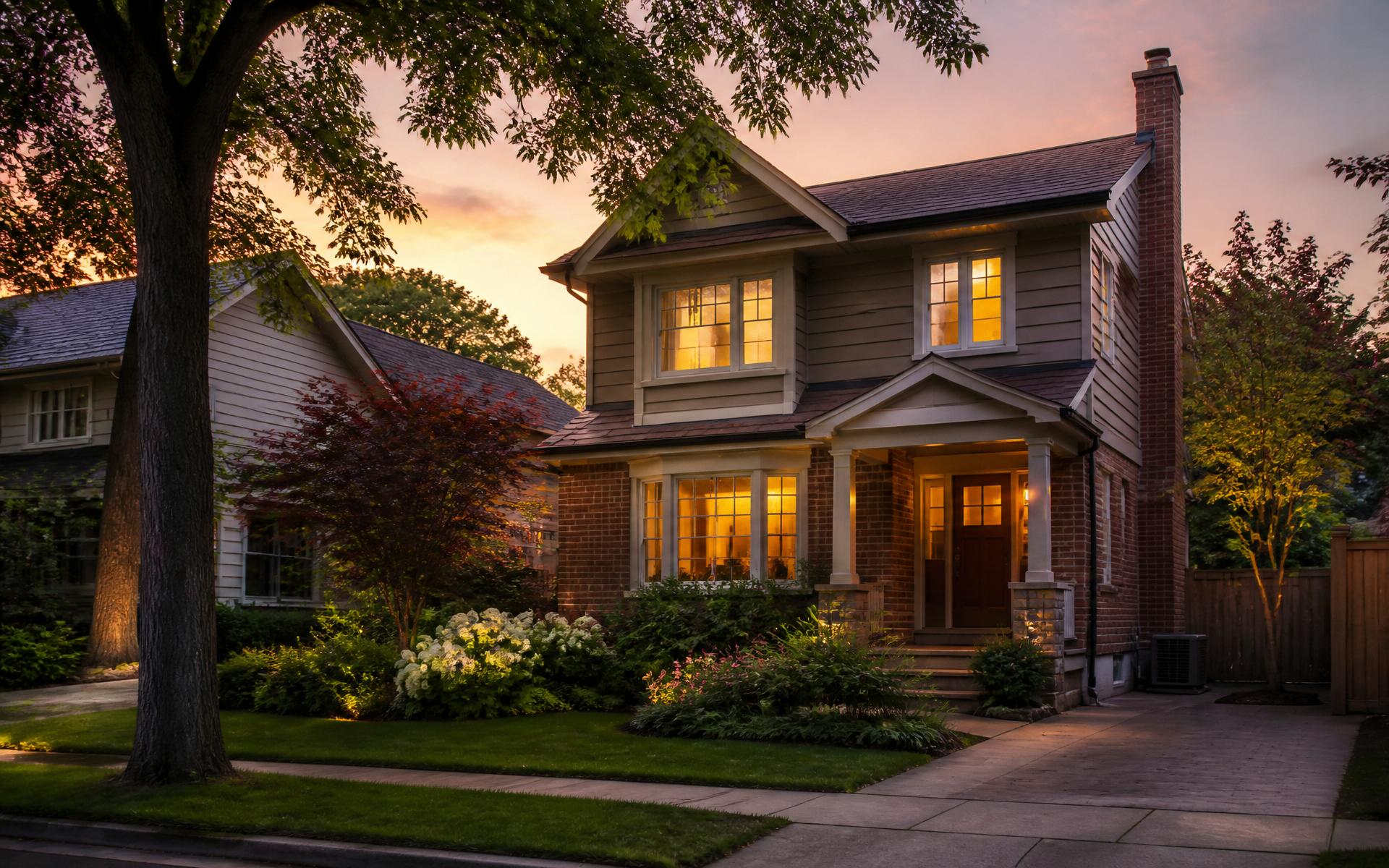 A warm, welcoming Toronto family home at summer dusk with a well-kept outdoor AC