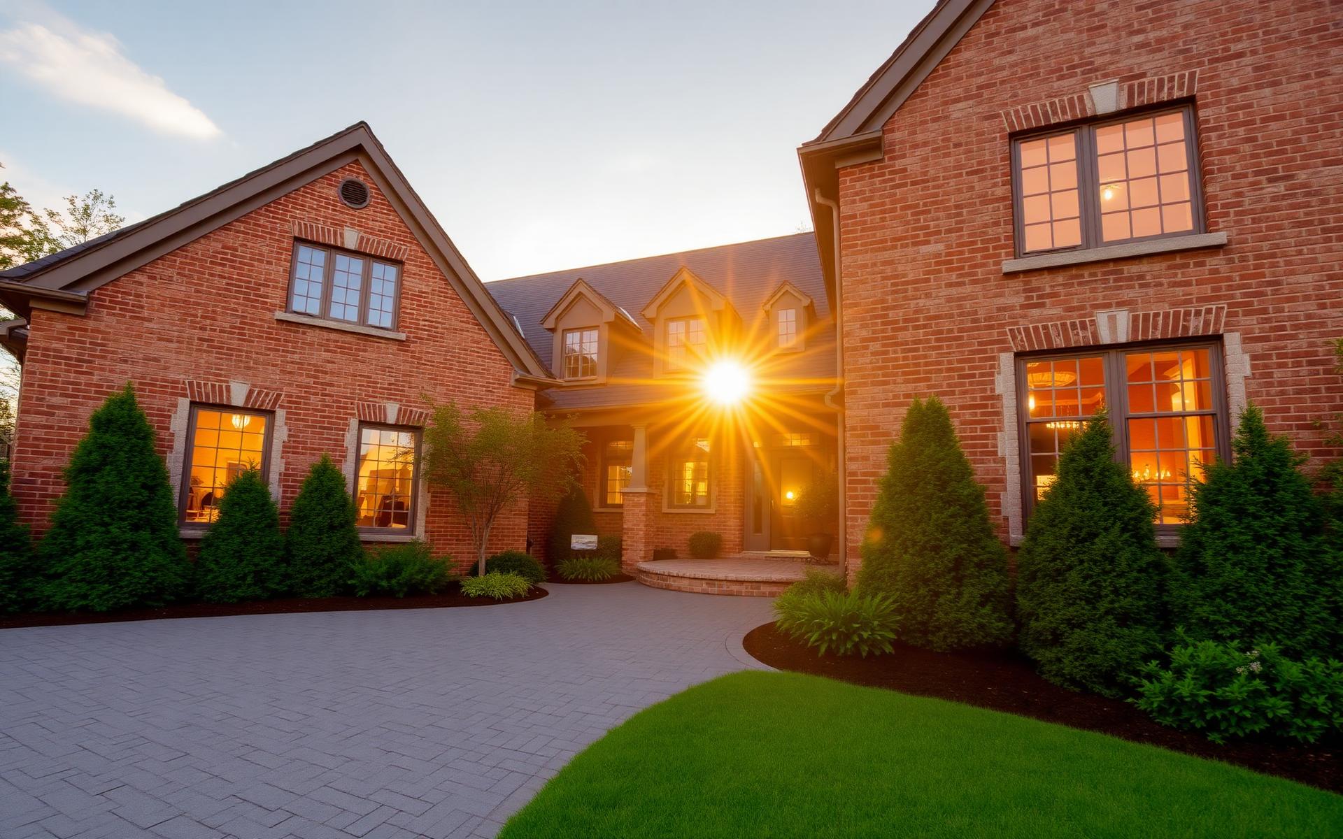 A premium detached brick family home in a GTA suburb at golden hour
