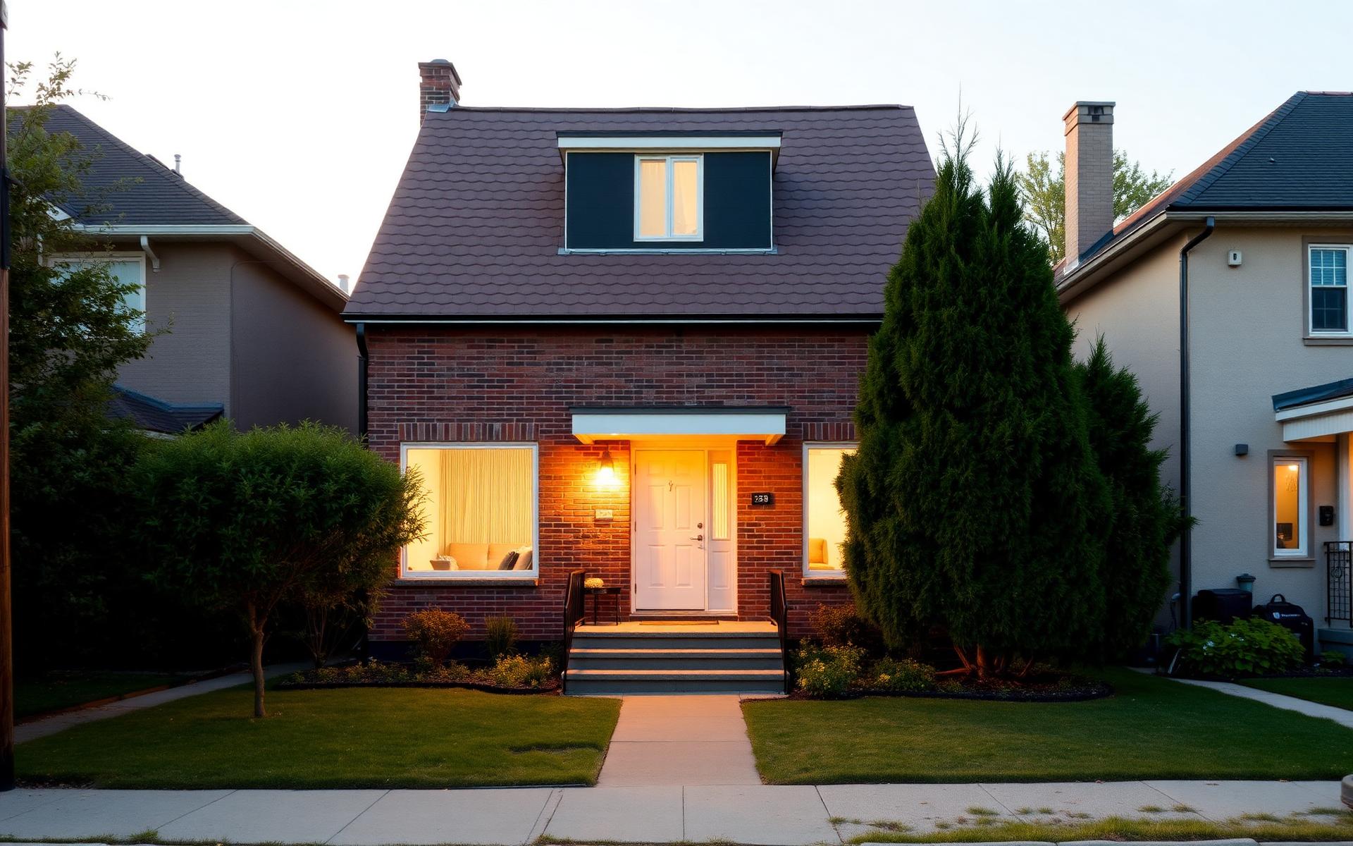 A well-kept semi-detached brick family home on a Toronto side street in soft golden-hour light