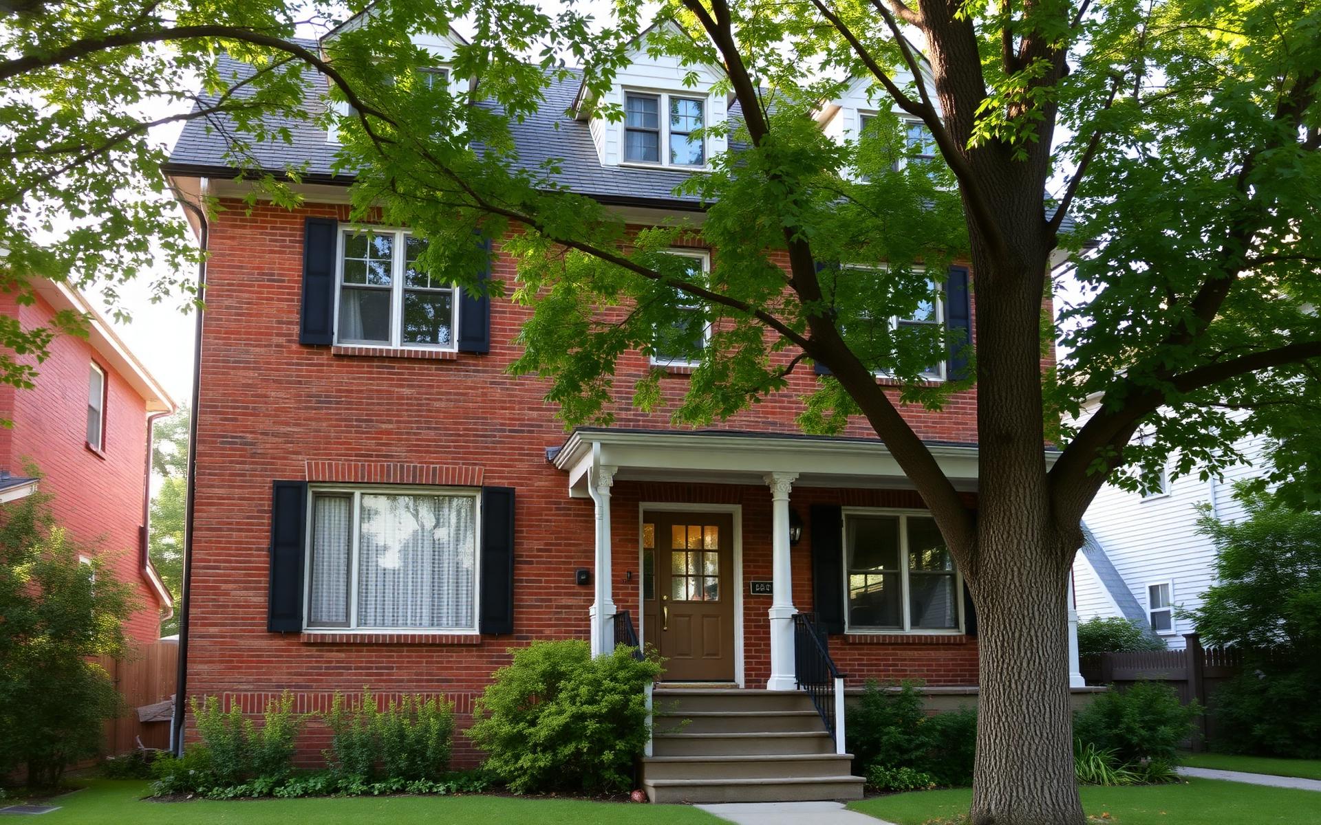 A mature two-storey brick family home with character architecture in a leafy Toronto neighbourhood
