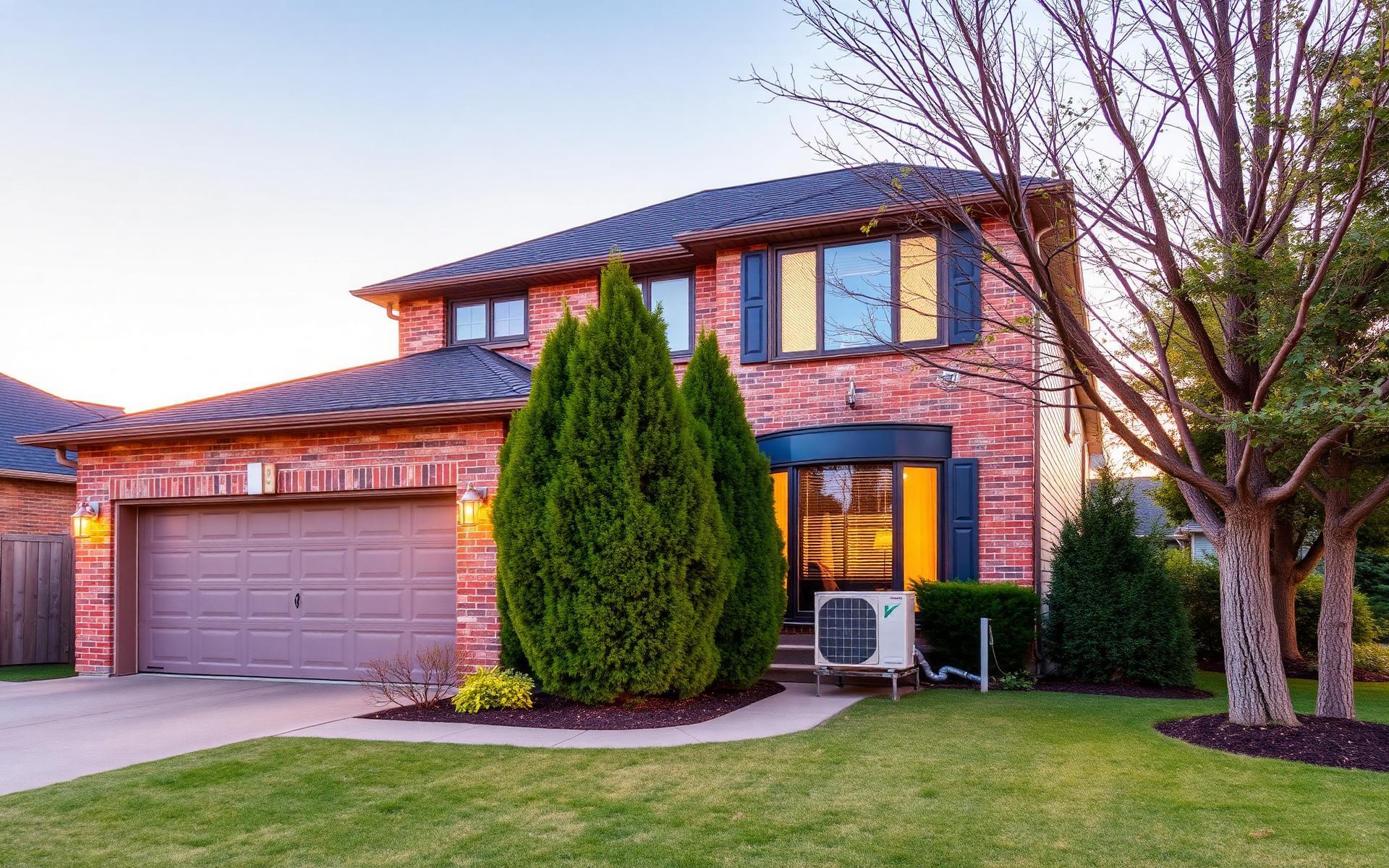 A well-kept GTA family home at golden hour with an outdoor heat pump beside it