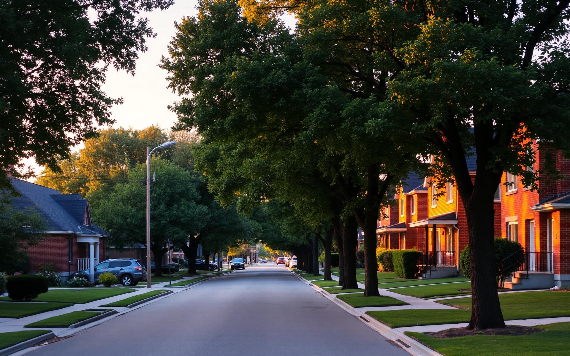 A tree-lined residential street of well-maintained detached and semi-detached homes in the Greater Toronto Area at golden hour