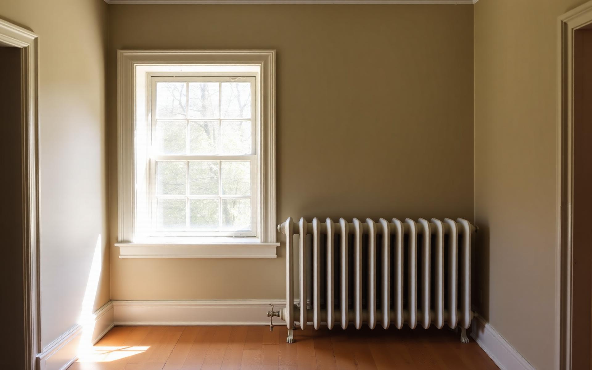 A classic cast-iron radiator beneath a bright window in a warm interior