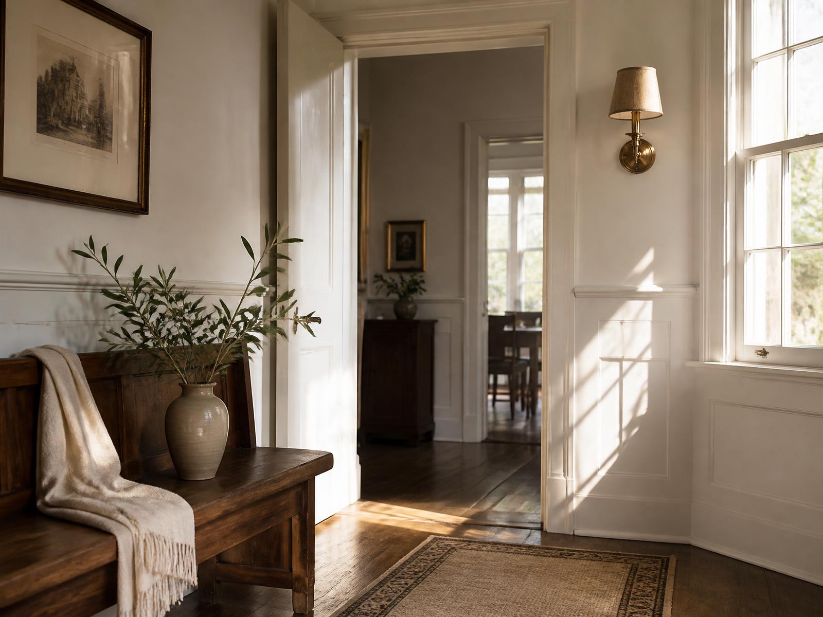 A quiet entry hall in a traditional Toronto home, morning light through the window